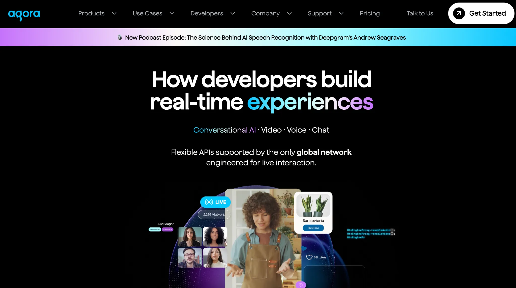 Screenshot of the Agora homepage highlighting real-time experiences